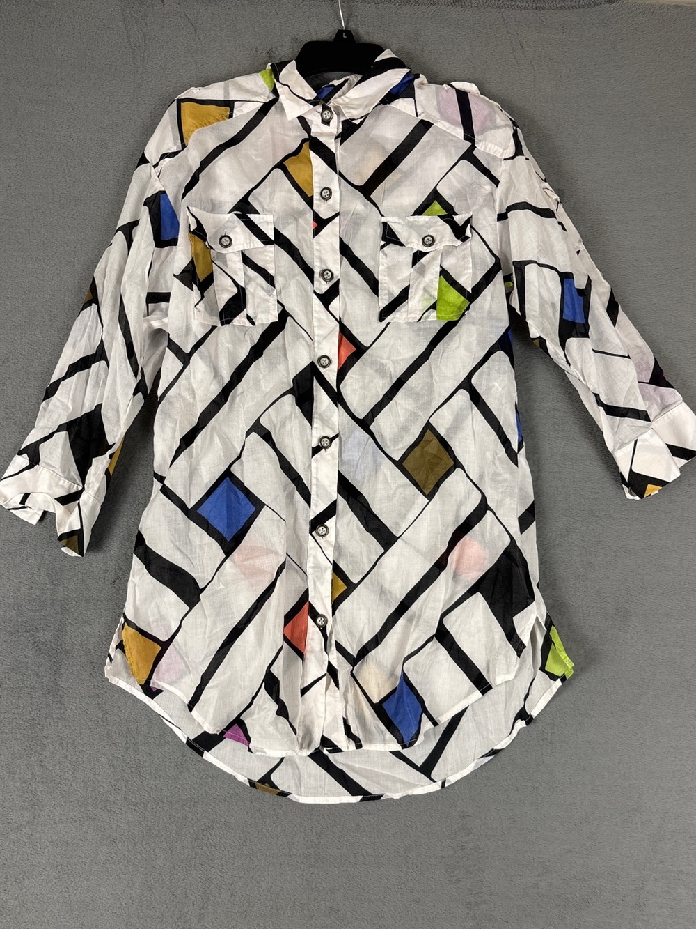 Diane Von Furstenberg White Geometric Multi-Color Button-Down Shirt